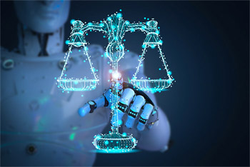 Image of a robot staring at a digital law and order scale