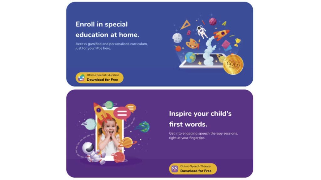 Screenshot of promotional materials for Otismo Special Education. Text reads, "Enroll in special education at home. Access gamified and personalized curriculum, just for your little hero. Download for free. Inspire your child's first words. Get into engaging speech therapy sessions, right at your fingertips." A gold award is superimposed