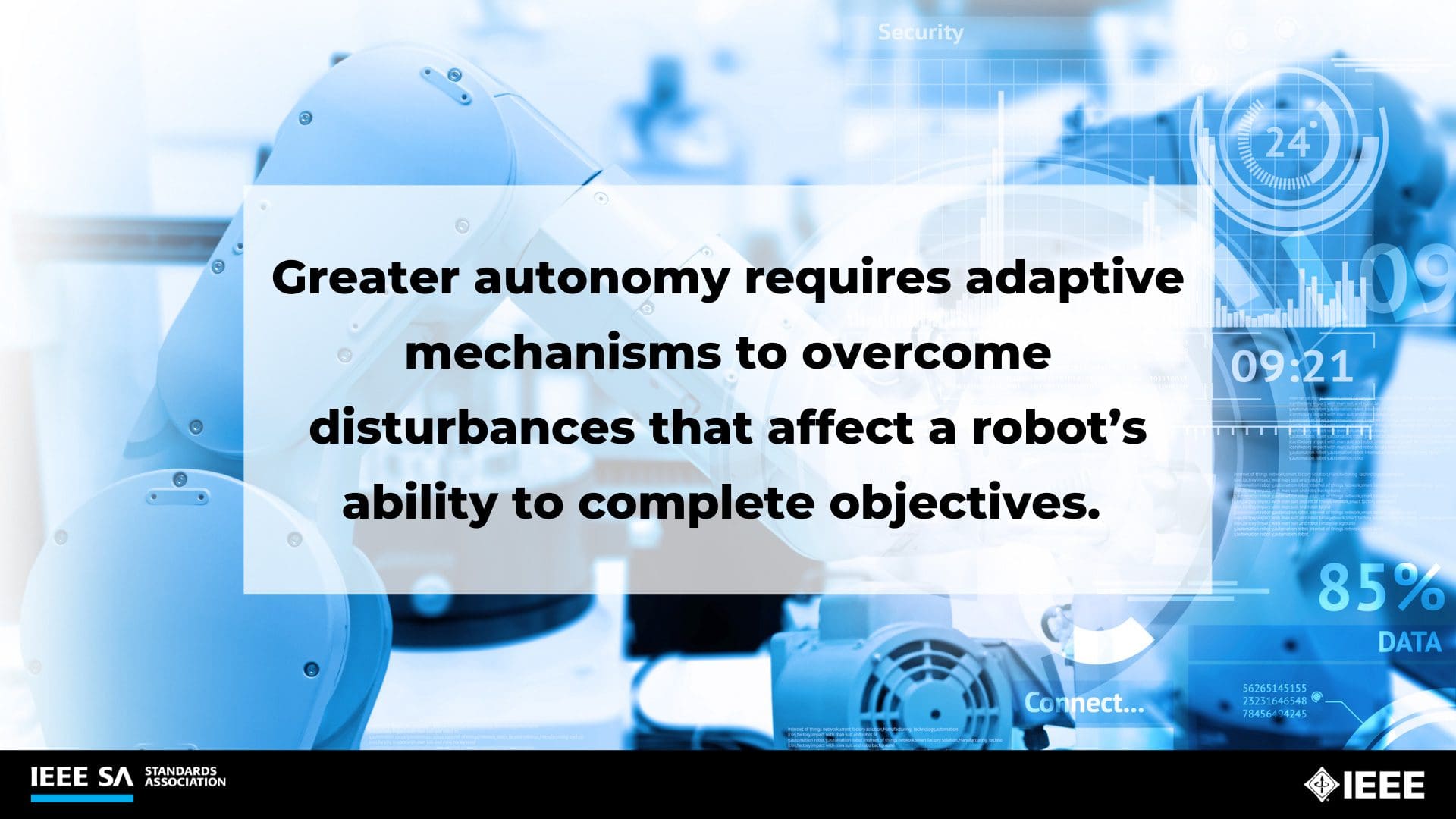 Photo of robotic arm. Text reads "Greater autonomy requires adaptive mechanisms to overcome disturbances that affect a robot's ability to complete objectives.