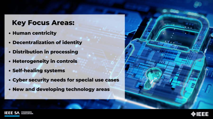 Key focus areas: Human centricity; Decentralization of identity; Distribution in processing; Heterogeneity in controls; Self-healing systems; Cyber security needs for special use cases; New and developing technology areas.