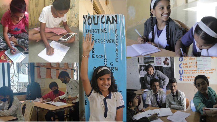 Collage of photos of children in a classroom. Poster behind one of them reads "YOU CAN imagine; Persevere; Prepare; Excel..."