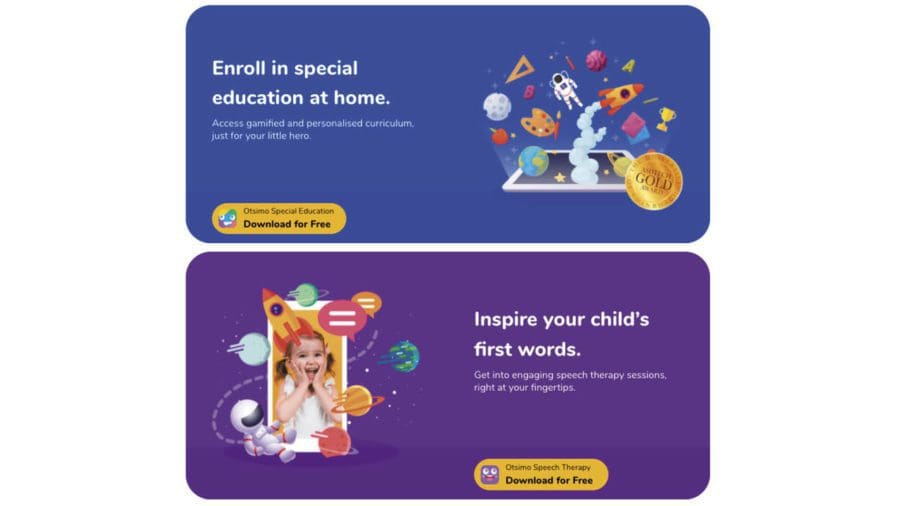 Screenshot of promotional materials for Otismo Special Education. Text reads, "Enroll in special education at home. Access gamified and personalized curriculum, just for your little hero. Download for free. Inspire your child's first words. Get into engaging speech therapy sessions, right at your fingertips." A gold award is superimposed.