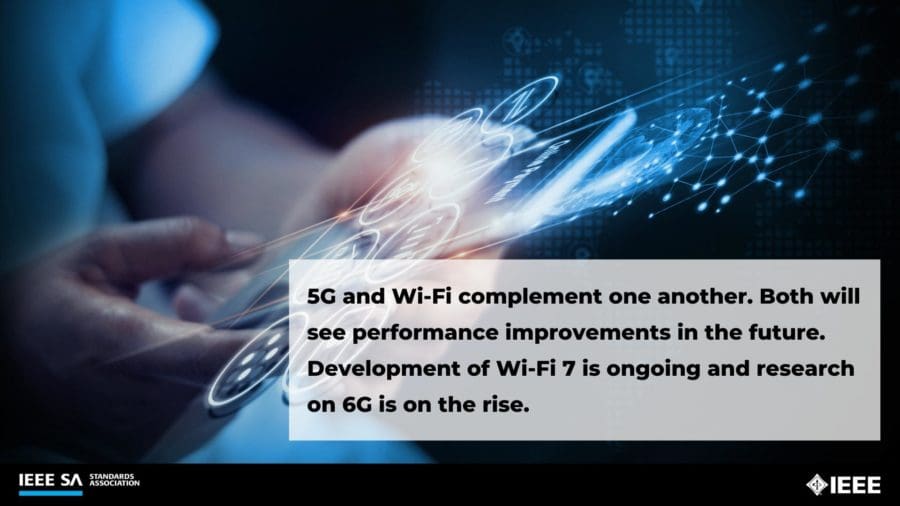 5G and Wi-Fi complement one another. Both will see performance improvements in the future. Development of Wi-Fi 7 is ongoing and research on 6G is on the rise.