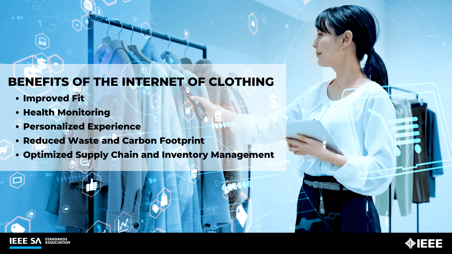 Infographic entitled "Benefits of the internet of clothing"