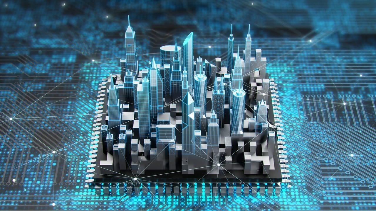 An emerging city juxtaposed against a motherboard.
