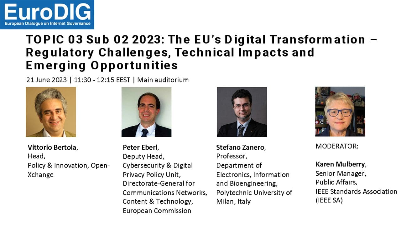 EuroDIG Topic 02 Sub 02 2023: The EU's Digital Transformation - Regulatory Challenges, Technical Impacts and Emerging Opportunities. Featuring Vittorio Bertola, Peter Eberi, Stefano Zanero and Karen Mulberry.