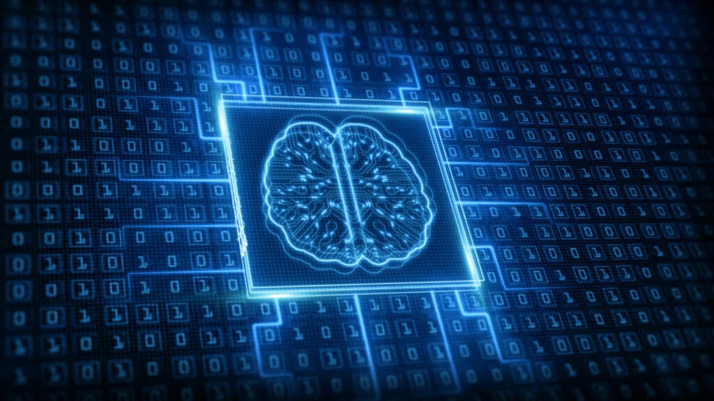 A digital brain surrounded by binary numbers, representing AI.