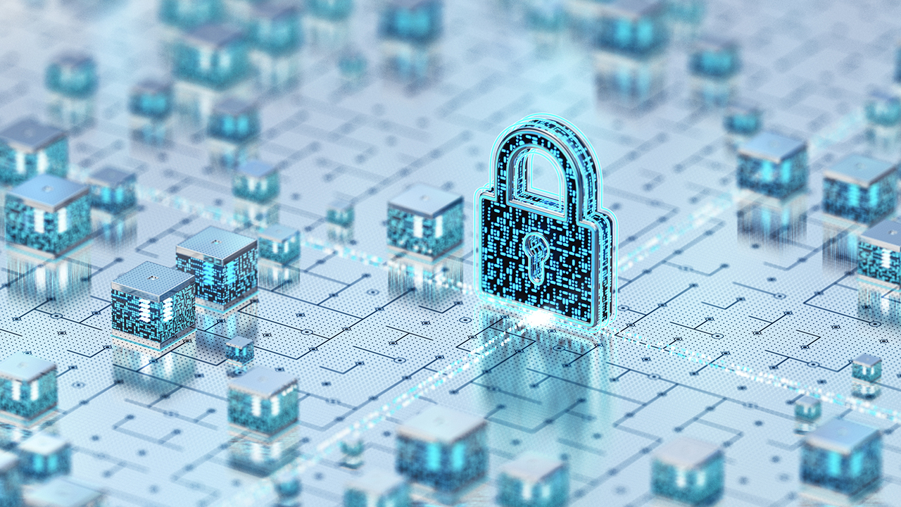 A digital-looking lock on a grid, graphically representing energy cybersecurity.