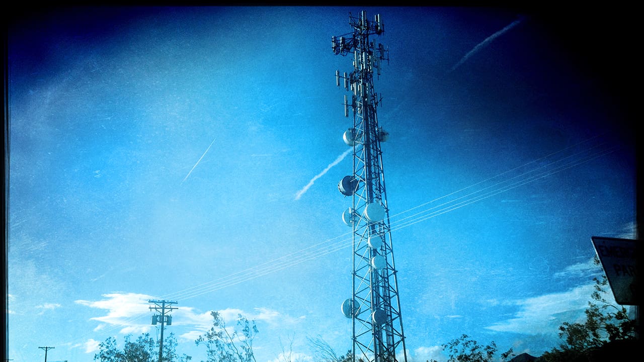 Cellular tower with multiple antennas for wireless communications.