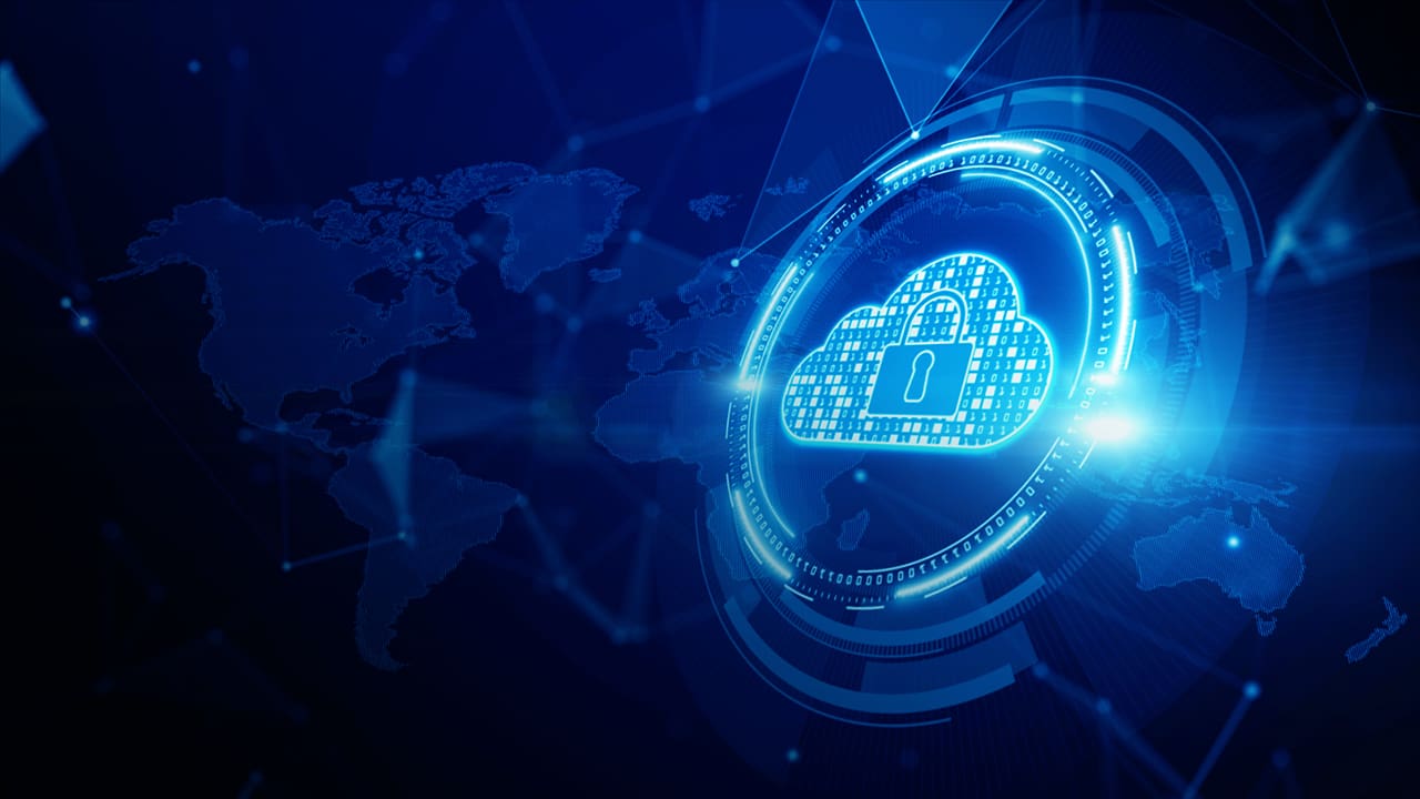 Cybersecurity icon against a map of the world.