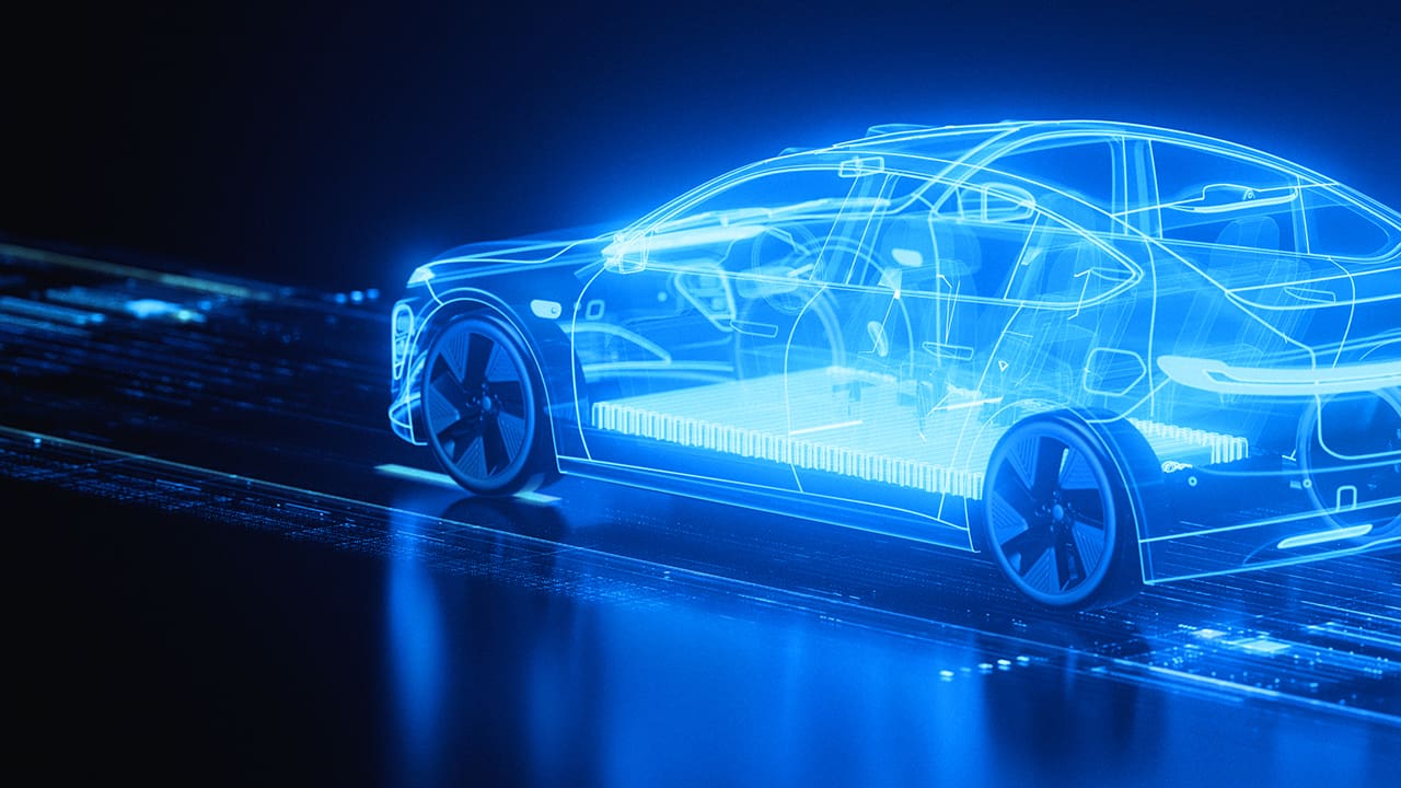 Digital rendering of a smart car on a road.