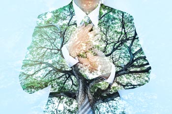 Professionally dressed man, with trees overlayed