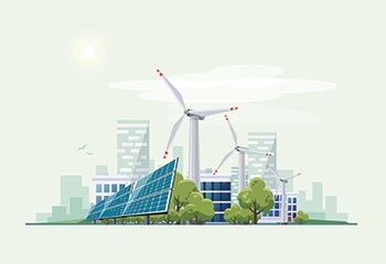 Image of an ecosystem containing buildings, trees, windmills, and solar power panels